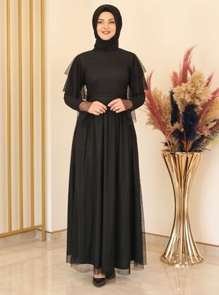 Polka Dot Tulle Hijab Evening Dress Black
