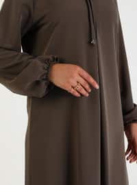 A Pleated Bow Collar Detailed Modest Dress Dark Khaki
