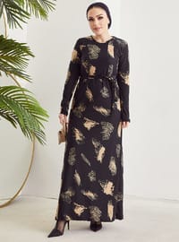 Patterned Modest Dress Black