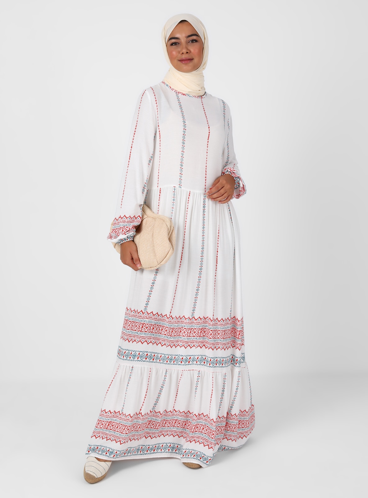 White - Multi - Crew neck - Unlined - Modest Dress