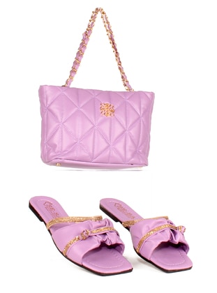 Shoe & Chain Detailed Hand And Shoulder Bag With Hand Handle And Long Shoulder Strap Lilac