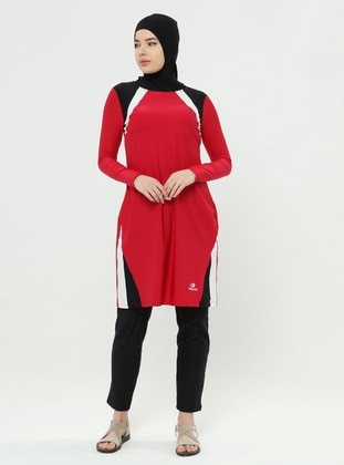 Red - Unlined - Full Coverage Swimsuit Burkini - Ranuna