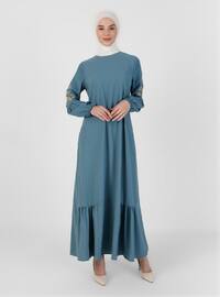 Modest Dress Petrol Blue With Elastic Sleeves And Volute Skirt