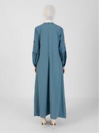Modest Dress Petrol Blue With Elastic Sleeves And Volute Skirt