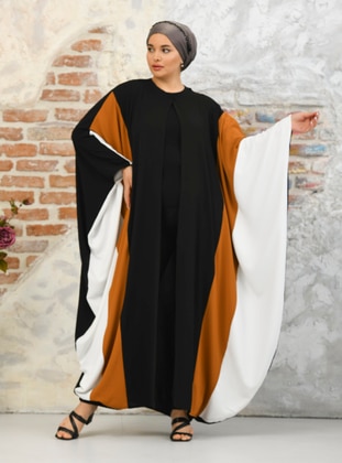 Three-Color Front Open Abaya Dress Black And Tan