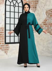 Two Color Sleeve Band Garni Abaya Black Emerald