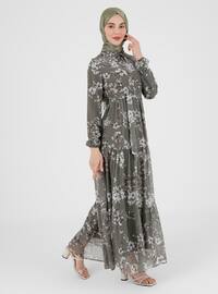  - Floral - Crew neck - Fully Lined - Chiffon - Modest Dress