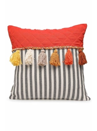 Cushion Cover With Multicolor Fringes,Orange Chequered Pattern,K 196