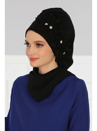 Design Instant Chiffon Turban With Flower Accessories,Black,Ht 27 Instant Scarf