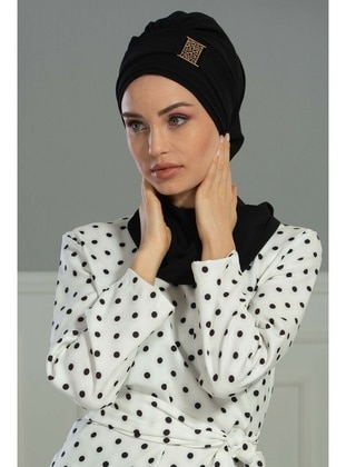 Design Chiffon Instant Turban With Gold Color Accessories,Black,Ht 11 Instant Scarf