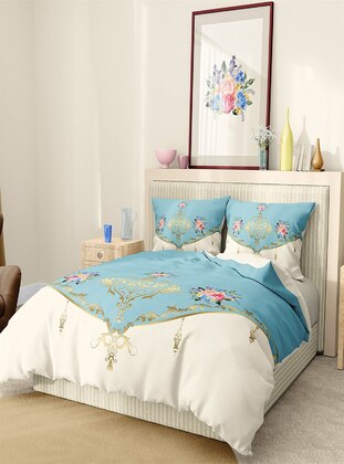 White - Blue - Cotton - 1000gr - Duvet Set: 2 Pillowcases & 1 Duvet Cover - Monohome
