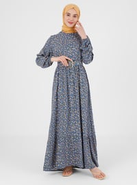 Patterned Modest Dress Indigo