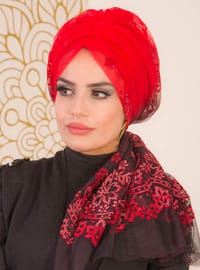 أحمر - من لون واحد - قطن - حجابات جاهزة