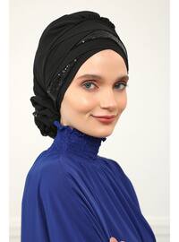 Shiny Sequined Special Design Chiffon Instant Hijab,Black,Ht 47P Instant Scarf