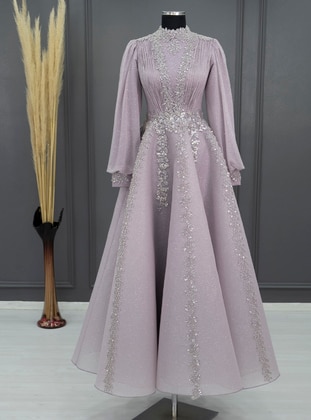 Glitter Printed Violet Color Lace Embroidered Hijab Evening Dresses Violet