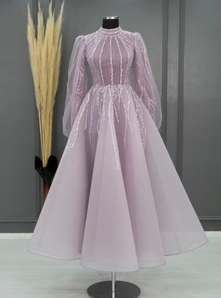 Tulle Grainy Lace Detailed Hijab Evening Dresses Violet