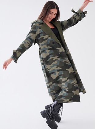 Camouflage - Unlined - Shawl Collar - Cotton - Viscose - Trench Coat - SAHRA AFRA