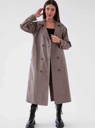 Brown - Fully Lined - Shawl Collar - Cotton - Viscose - Trench Coat  - Sahra Afra