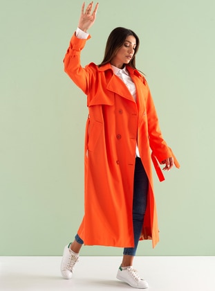 Orange - Fully Lined - Shawl Collar - Cotton - Viscose - Trench Coat - SAHRA AFRA