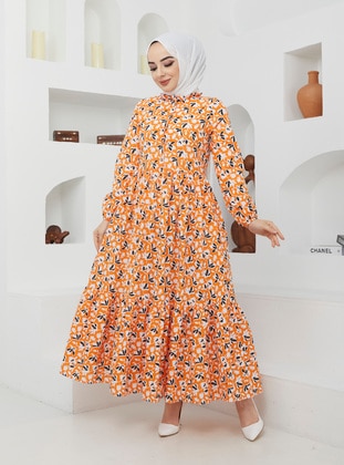 Orange - Multi - Unlined - Cotton - Modest Dress - SAHRA BUTİK
