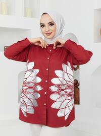 Maroon - Printed - Point Collar - Cotton - Blouses