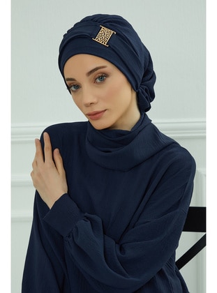 Aerobin Fabric Instant Turban With Gold Color Accessories,Navy Blue,Ht 11A Instant Scarf