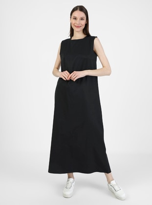 Black - Crew neck - Unlined - Cotton -  - Modest Dress - Refka