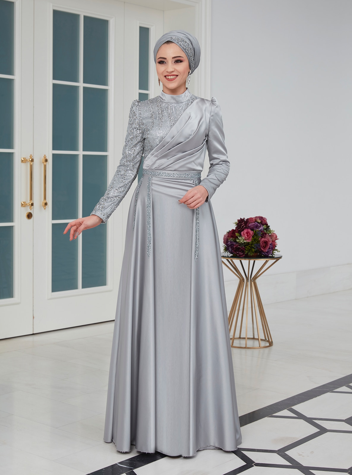 Silver tone - Fully Lined - Crew neck - Modest Evening Dress