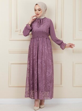 Lilac - Multi - Crew neck - Fully Lined - Nylon - Modest Dress - Olcay