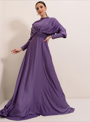 Front Back Shirred Sleeves Button Detailed Lined Long Satin Hijab Evening Dress Lila
