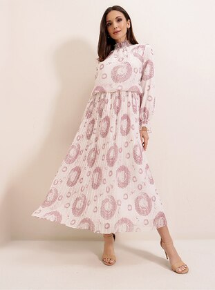 Ecru - Pink - Multi - Fully Lined - Modest Dress - By Saygı