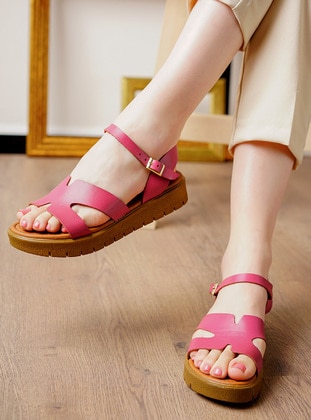 Hakiki Deri Sandalet - Fuşya - Shoescloud
