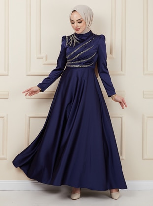 Satin Hijab Evening Dress Navy Blue With Front Flywheel And Stone Detail
