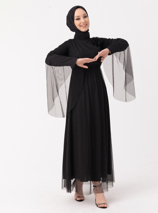 Black - Fully Lined - Crew neck - Modest Evening Dress - Tofisa