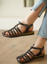 Black - Flat Sandals - Sandal - Real Leather - Sandal