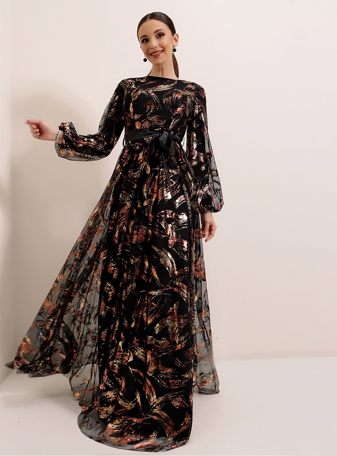 Lined Gilded Long Hijab Evening Dress With Belt Detailed Waistband Black Copper
