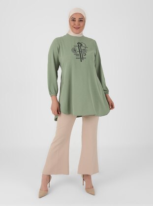 Green Almond - Crew neck - Plus Size Tunic - GELİNCE