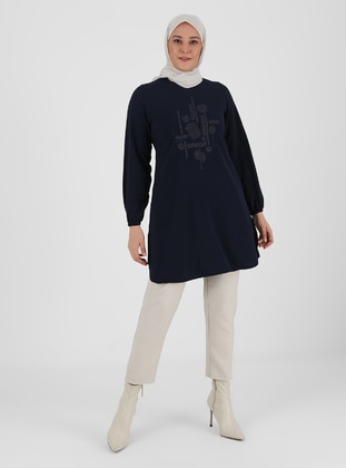 Silvery Tunic With Side Slits Navy Blue