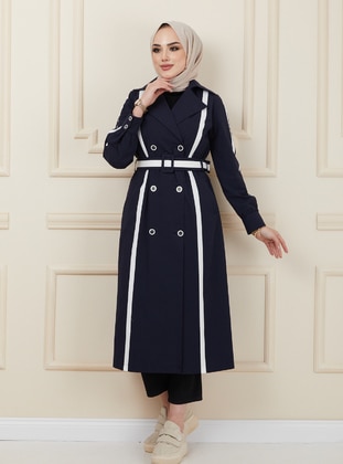 Navy Blue - Unlined - Double-Breasted - Cotton - Trench Coat - Olcay