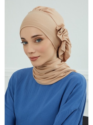 Side Ruffled Combed Cotton Ready Made Turban Milk Coffee Color Instant Scarf