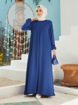 Modest Dress With Elastic Sleeves Sax Blue