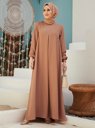 Modest Dress With Elastic Sleeves Biscuit