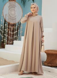 Sand Beige Modest Dress With Rubberized Sleeves
