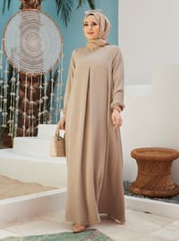 Sand Beige Modest Dress With Rubberized Sleeves