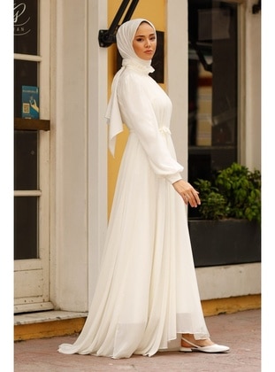 Meqlife White Modest Evening Dress