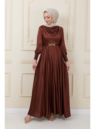 Satin Evening Gown with Chain Detailed Belt - Brown - Imaj Butik