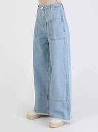 Wide Leg Denim Trousers With Fringe Detail Ice Blue