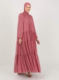 Wide Cut Chiffon Hijab Evening Dress With Gipe Detailed Collar Rose Color