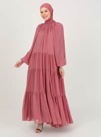 Wide Cut Chiffon Hijab Evening Dress With Gipe Detailed Collar Rose Color