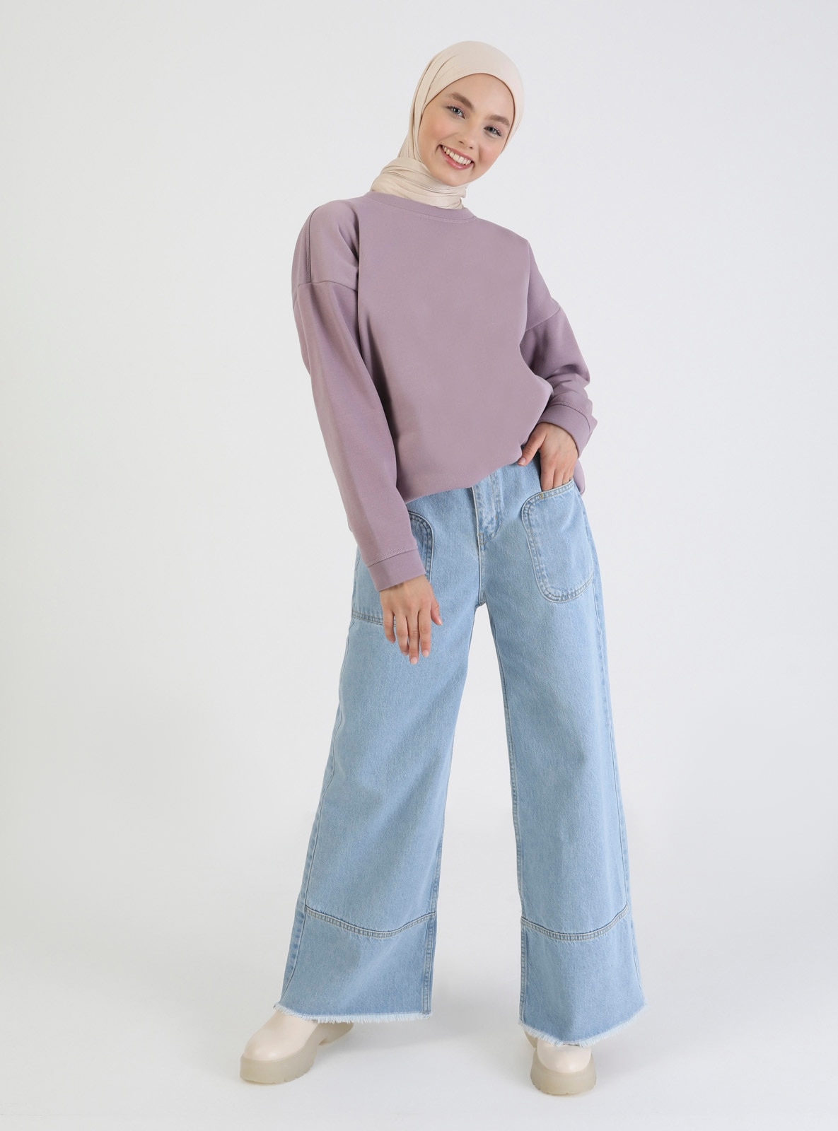Wide Leg Denim Trousers With Fringe Detail Ice Blue